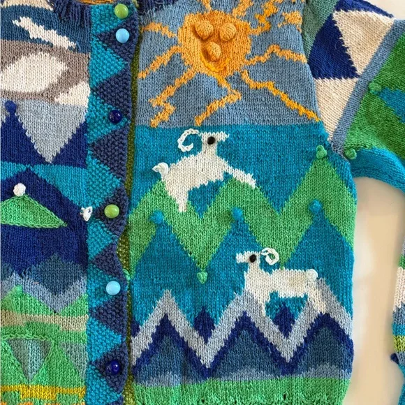 Colorful Hand-Knit Mountain & Sheep Cardigan - Blue/Green Palette - Picture 7 of 7